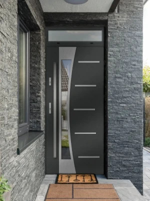 Model AGAMA PREMIUM 72 mm front door with top sidelight / top panel with bar – energy efficient modern external door with mirrored glass