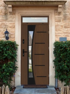 Model AGAMA BLACK PREMIUM 72 mm front door with top sidelight / top panel with black handle - energy efficient modern external door with mirrored glas