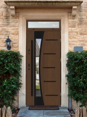 Model AGAMA BLACK PREMIUM 72 mm front door with top sidelight / top panel with black bar - energy efficient modern external door with mirrored glass