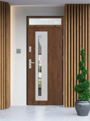 Model NATRIX PREMIUM 72 mm front door with top sidelight / top panel with handle – energy efficient modern external door with mirrored glass