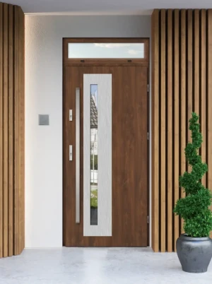 Model NATRIX PREMIUM 72 mm front door with top sidelight / top panel with bar – energy efficient modern external door with mirrored glass