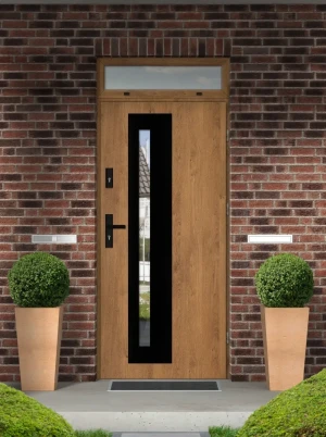 Model NATRIX BLACK PREMIUM 72 mm front door with top sidelight / top panel with black handle - energy efficient modern external door with mirrored gla