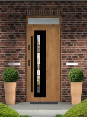 Model NATRIX BLACK PREMIUM 72 mm front door with top sidelight / top panel with black bar - energy efficient modern external door with mirrored glass
