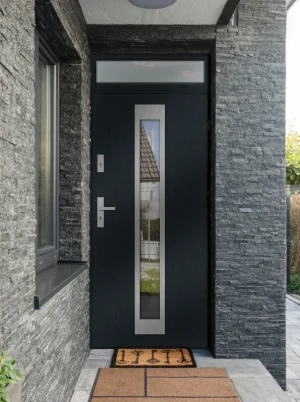 Model IGUANA PREMIUM 72 mm front door with top sidelight / top panel with handle – energy efficient modern external door with mirrored glass