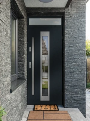 Model IGUANA PREMIUM 72 mm front door with top sidelight / top panel with bar – energy efficient modern external door with mirrored glass