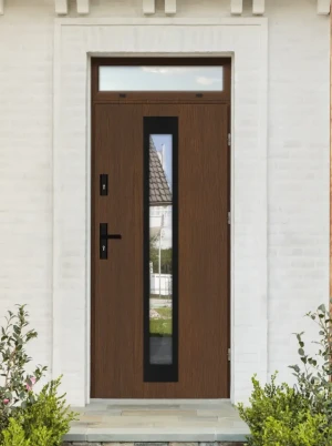 Model IGUANA BLACK PREMIUM 72 mm front door with top sidelight / top panel with black handle - energy efficient modern external door with mirrored gla