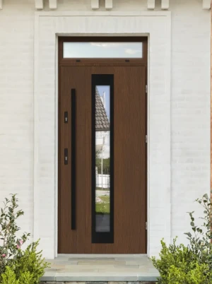 Model IGUANA BLACK PREMIUM 72 mm front door with top sidelight / top panel with black bar - energy efficient modern external door with mirrored glass