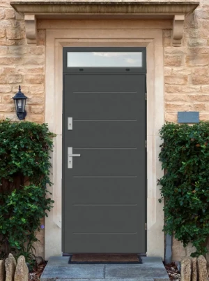 Model AVON PREMIUM 72 mm front door with top sidelight / top panel with handle – energy efficient modern external door with mirrored glass