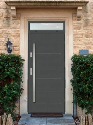Model AVON PREMIUM 72 mm front door with top sidelight / top panel with bar – energy efficient modern external door with mirrored glass