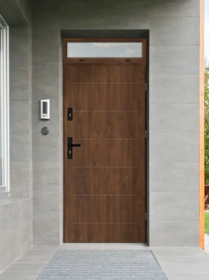 Model AVON BLACK PREMIUM 72 mm front door with top sidelight / top panel with black handle - energy efficient modern external door with mirrored glass