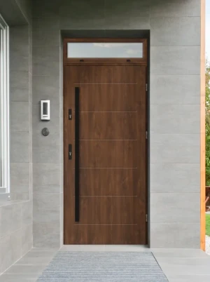 Model AVON BLACK PREMIUM 72 mm front door with top sidelight / top panel with black bar - energy efficient modern external door with mirrored glass