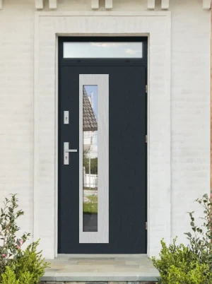 Model PALLAS PREMIUM 72 mm front door with top sidelight / top panel with handle – energy efficient modern external door with mirrored glass