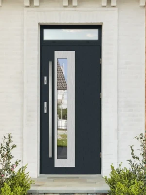 Model PALLAS PREMIUM 72 mm front door with top sidelight / top panel with bar – energy efficient modern external door with mirrored glass