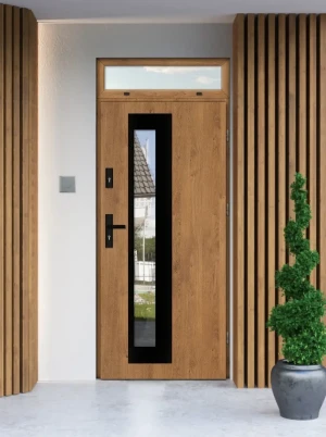 Model PALLAS BLACK PREMIUM 72 mm front door with top sidelight / top panel with black handle - energy efficient modern external door with mirrored gla