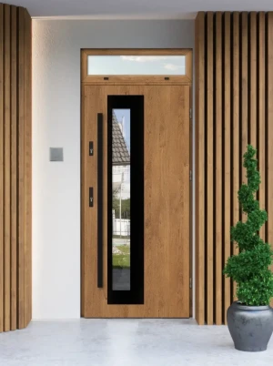 Model PALLAS BLACK PREMIUM 72 mm front door with top sidelight / top panel with black bar - energy efficient modern external door with mirrored glass
