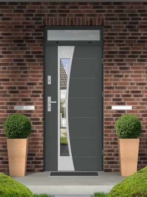 Model BELLIS PREMIUM 72 mm front door with top sidelight / top panel with handle – energy efficient modern external door with mirrored glass