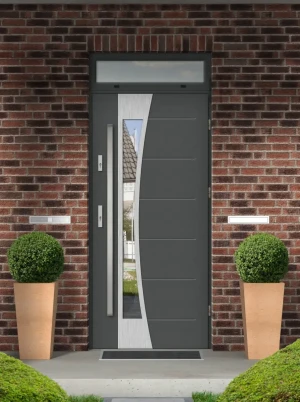 Model BELLIS PREMIUM 72 mm front door with top sidelight / top panel with bar – energy efficient modern external door with mirrored glass