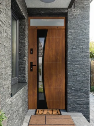 Model BELLIS BLACK PREMIUM 72 mm front door with top sidelight / top panel with black handle - energy efficient modern external door with mirrored gla
