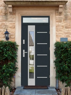 Model UTA PREMIUM 72 mm front door with top sidelight / top panel with handle – energy efficient modern external door with mirrored glass