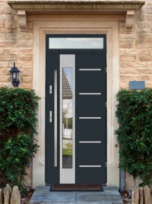Model UTA PREMIUM 72 mm front door with top sidelight / top panel with bar – energy efficient modern external door with mirrored glass