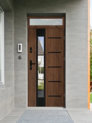Model UTA BLACK PREMIUM 72 mm front door with top sidelight / top panel with black handle - energy efficient modern external door with mirrored glass