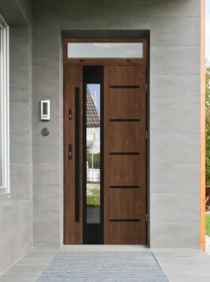 Model UTA BLACK PREMIUM 72 mm front door with top sidelight / top panel with black bar - energy efficient modern external door with mirrored glass
