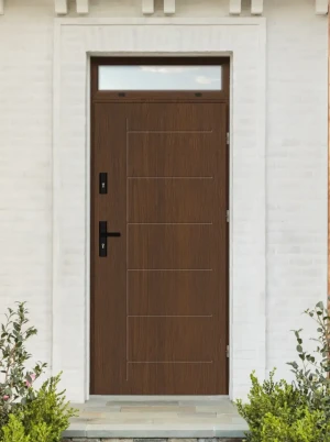 Model GEKKO BLACK PREMIUM 72 mm front door with top sidelight / top panel with black handle - energy efficient modern external door with mirrored glas