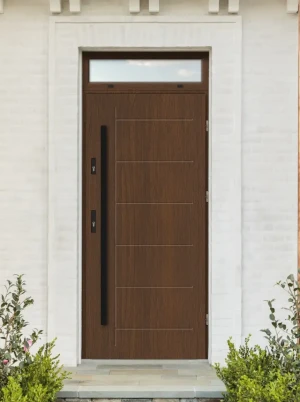 Model GEKKO BLACK PREMIUM 72 mm front door with top sidelight / top panel with black bar - energy efficient modern external door with mirrored glass