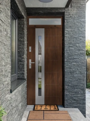 Model TULUZA PREMIUM 72 mm front door with top sidelight / top panel with handle – energy efficient modern external door with mirrored glass