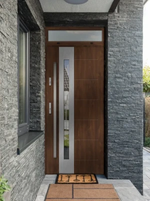 Model TULUZA PREMIUM 72 mm front door with top sidelight / top panel with bar – energy efficient modern external door with mirrored glass