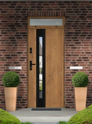 Model TULUZA BLACK PREMIUM 72 mm front door with top sidelight / top panel with black handle - energy efficient modern external door with mirrored gla