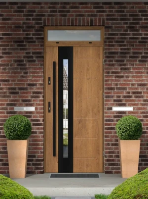 Model TULUZA BLACK PREMIUM 72 mm front door with top sidelight / top panel with black bar - energy efficient modern external door with mirrored glass