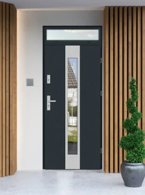 Model PAPUA PREMIUM 72 mm front door with top sidelight / top panel with handle – energy efficient modern external door with mirrored glass