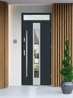 Model PAPUA PREMIUM 72 mm front door with top sidelight / top panel with bar – energy efficient modern external door with mirrored glass
