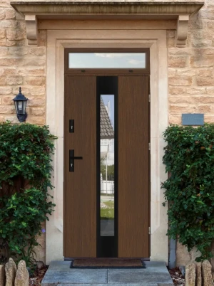 Model PAPUA BLACK PREMIUM 72 mm front door with top sidelight / top panel with black handle - energy efficient modern external door with mirrored glas