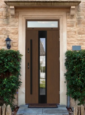 Model PAPUA BLACK PREMIUM 72 mm front door with top sidelight / top panel with black bar - energy efficient modern external door with mirrored glass
