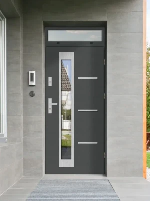 Model GRECA PREMIUM 72 mm front door with top sidelight / top panel with handle – energy efficient modern external door with mirrored glass