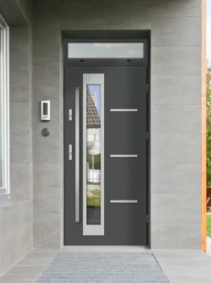 Model GRECA PREMIUM 72 mm front door with top sidelight / top panel with bar – energy efficient modern external door with mirrored glass