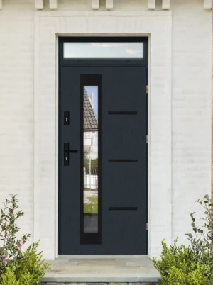 Model GRECA BLACK PREMIUM 72 mm front door with top sidelight / top panel with black handle - energy efficient modern external door with mirrored glas