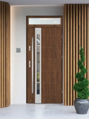 Model SLIM PREMIUM 72 mm front door with top sidelight / top panel with bar – energy efficient modern external door with mirrored glass