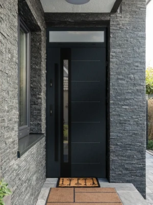 Model SLIM BLACK PREMIUM 72 mm front door with top sidelight / top panel with black bar - energy efficient modern external door with mirrored glass
