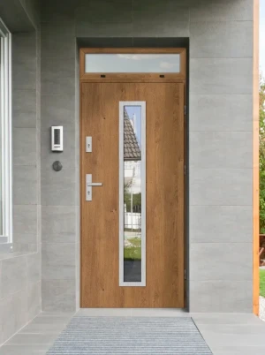 Model ANOLIS PREMIUM 72 mm front door with top sidelight / top panel with handle – energy efficient modern external door with mirrored glass