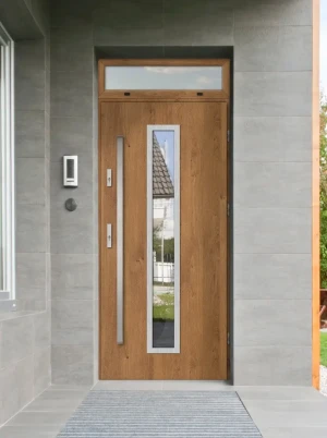 Model ANOLIS PREMIUM 72 mm front door with top sidelight / top panel with bar – energy efficient modern external door with mirrored glass