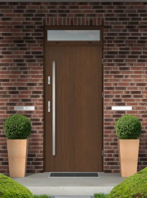 Model DRACO PREMIUM 72 mm front door with top sidelight / top panel with bar – energy efficient modern external door with mirrored glass