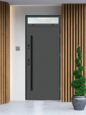 Model DRACO BLACK PREMIUM 72 mm front door with top sidelight / top panel with black bar - energy efficient modern external door with mirrored glass