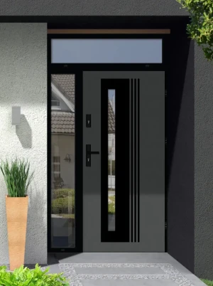 Model COLLARIS LOFT PREMIUM 72 mm front door with side and top sidelight / side and top panel with black frame and black handle - energy efficient mod