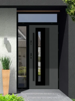 Model COLLARIS LOFT PREMIUM 72 mm front door with side and top sidelight / side and top panel with black frame and black bar - energy efficient modern