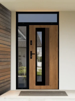 Model VARIUS LOFT PREMIUM 72 mm front door with side and top sidelight / side and top panel with black frame and black handle - energy efficient moder