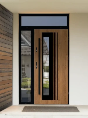 Model VARIUS LOFT PREMIUM 72 mm front door with side and top sidelight / side and top panel with black frame and black bar - energy efficient modern e