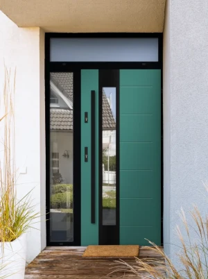 Model CAIMAN LOFT PREMIUM 72 mm front door with side and top sidelight / side and top panel with black frame and black bar - energy efficient modern e